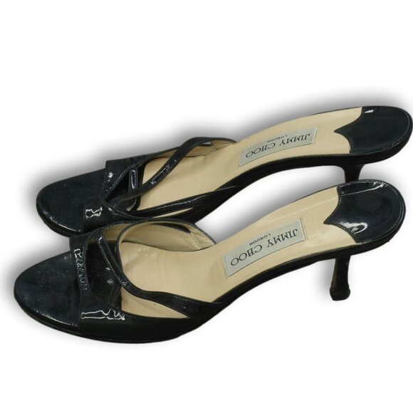 Jimmy Choo Black Patent Leather Kitten Heel Sandals – Size 37.5 - Picture 2 of 7